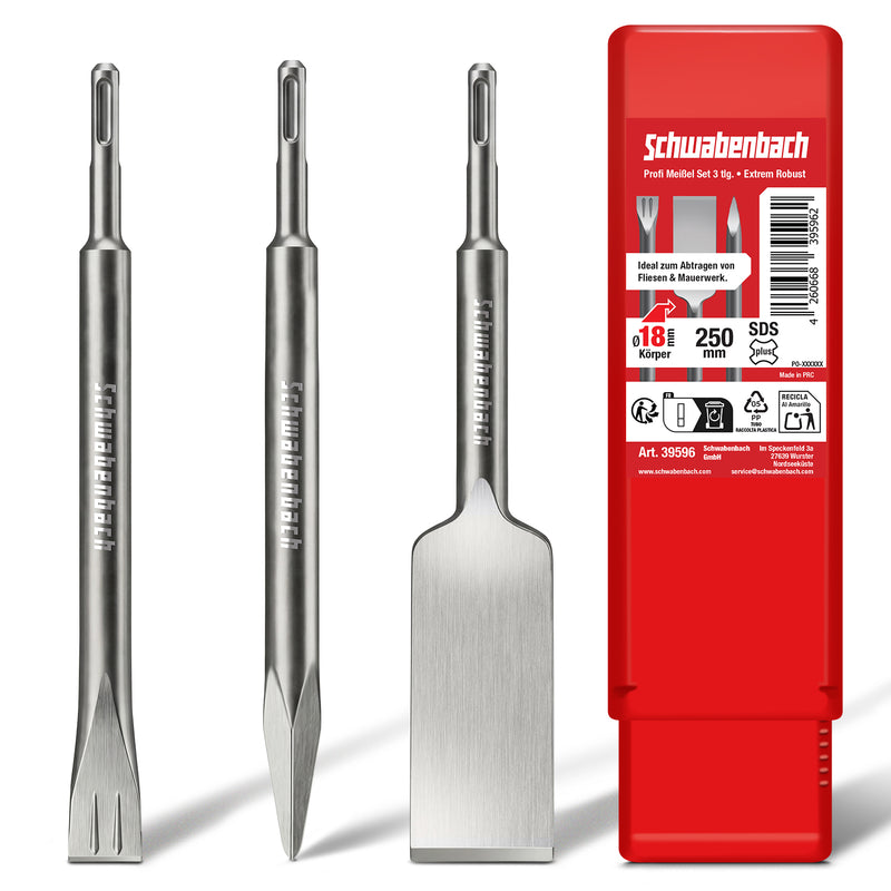 SCHWABENBACH® SDS Plus Meißel Set 3-tlg. 250mm | Fliesenmeißel 40mm extra langer Kopf, Flachmeißel 25mm, Spitzmeißel