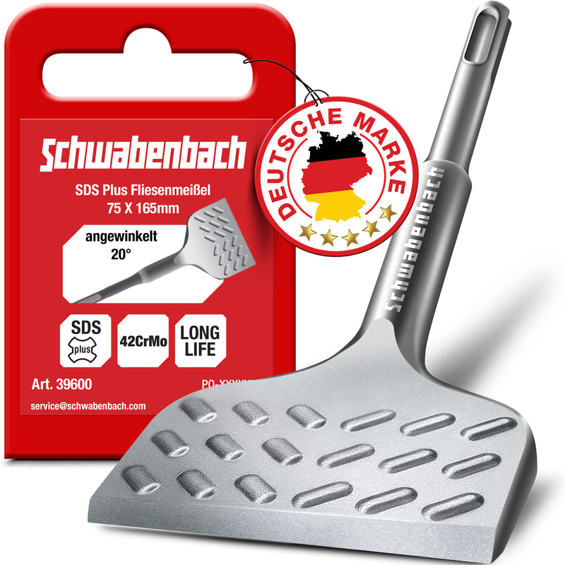 SCHWABENBACH® Fliesenmeißel SDS Plus 75 x 165 mm | Neues Design abgewinkelt 20° – Ideal zum Abtragen von Verputz und Fliesen