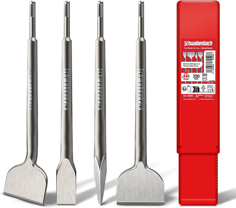 SCHWABENBACH® SDS Plus Meißel Set 4-tlg. 250mm | Fliesenmeißel 50mm, Flachmeißel 50mm + 25mm, Spitzmeißel