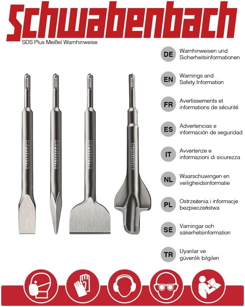SCHWABENBACH® SDS Plus Meißel Set 3-tlg. 250mm | Fliesenmeißel 40mm extra langer Kopf, Flachmeißel 25mm, Spitzmeißel