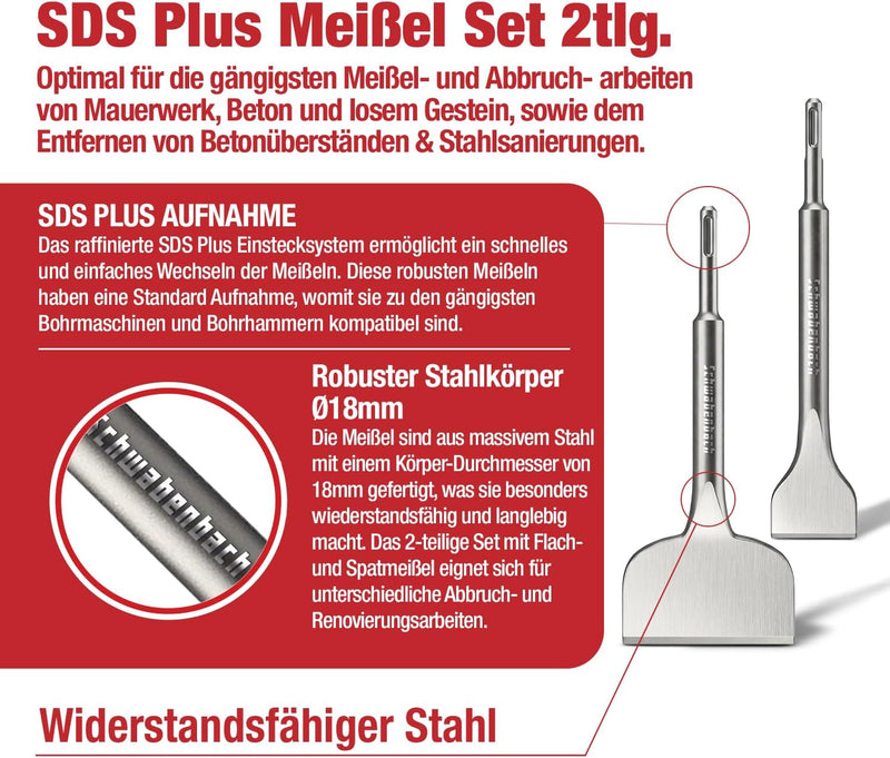 SCHWABENBACH® Fliesenmeißel SDS Plus 2-tlg. 250mm | Flachmeißel 50mm + Spatmeißel extra breit 100mm