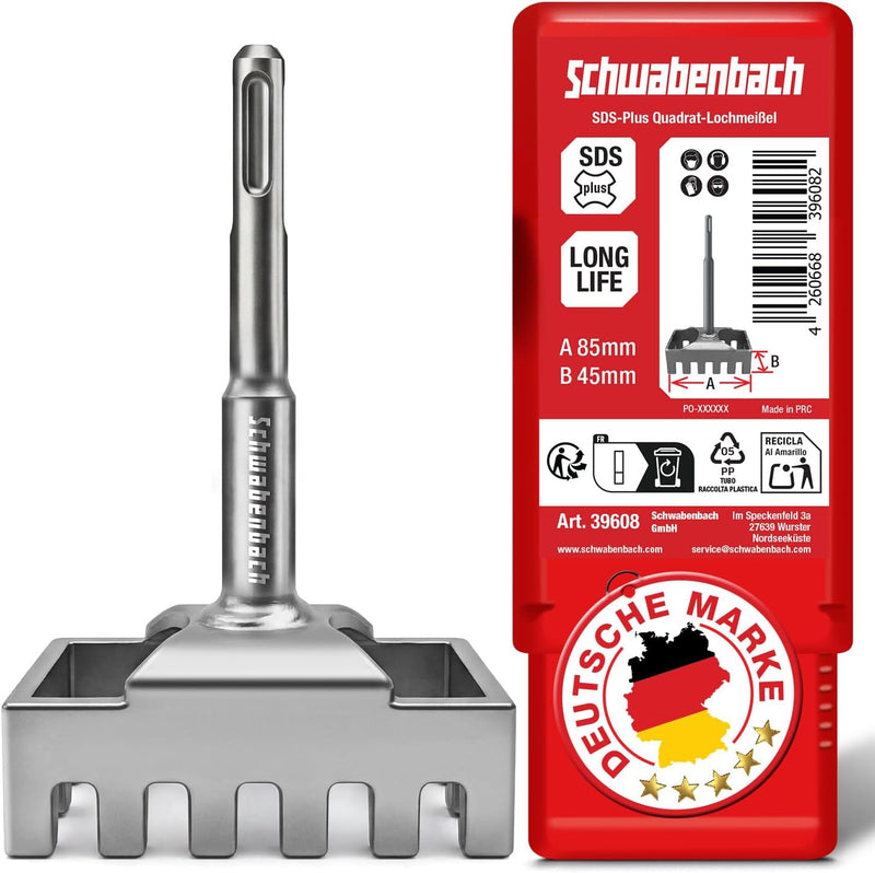 SCHWABENBACH® SDS Plus Lochmeißel 85 x 45 mm für Unterputzdosen | Quadrat-Lochmeißel für Steckdosen und Schalterdosen