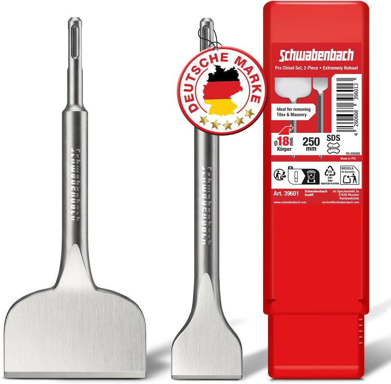 SCHWABENBACH® Fliesenmeißel SDS Plus 2-tlg. 250mm | Flachmeißel 50mm + Spatmeißel extra breit 100mm