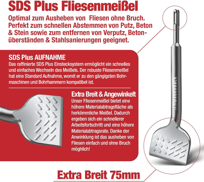 SCHWABENBACH® Fliesenmeißel SDS Plus 75 x 165 mm | Neues Design abgewinkelt 20° – Ideal zum Abtragen von Verputz und Fliesen