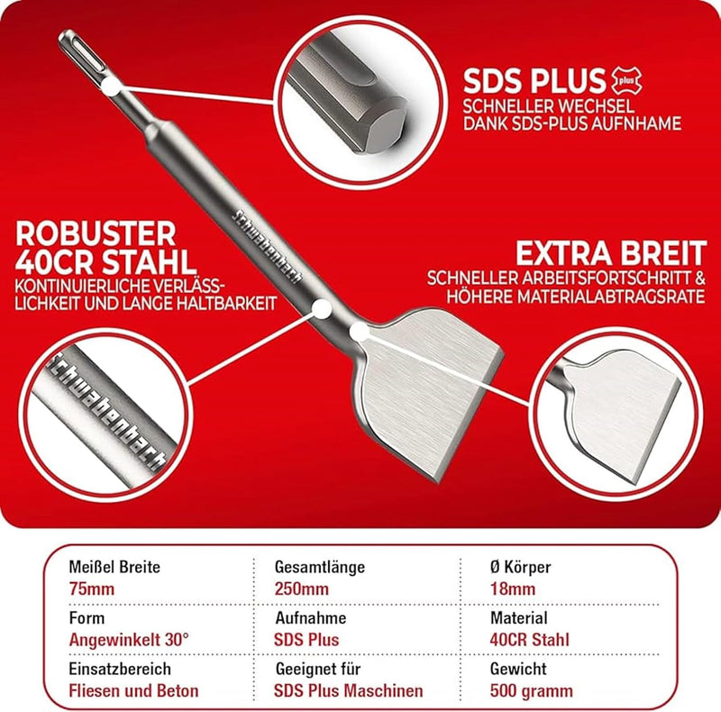 Schwabenbach SDS-Plus Fliesenmeißel abgewinkelt 75 x 250 mm