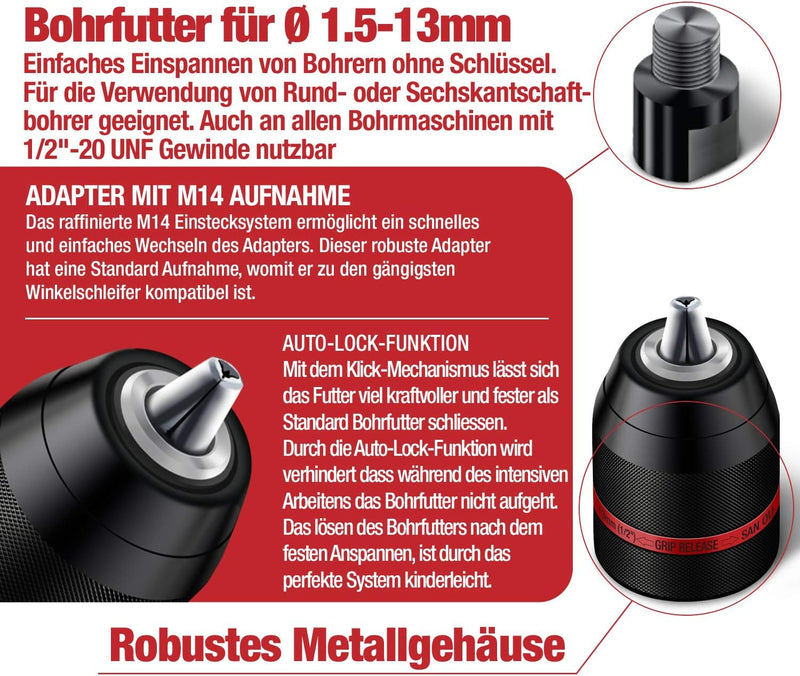 Schwabenbach Schnellspannbohrfutter 1,5–13 mm 1/2-20UNF inkl. M14 Adapter
