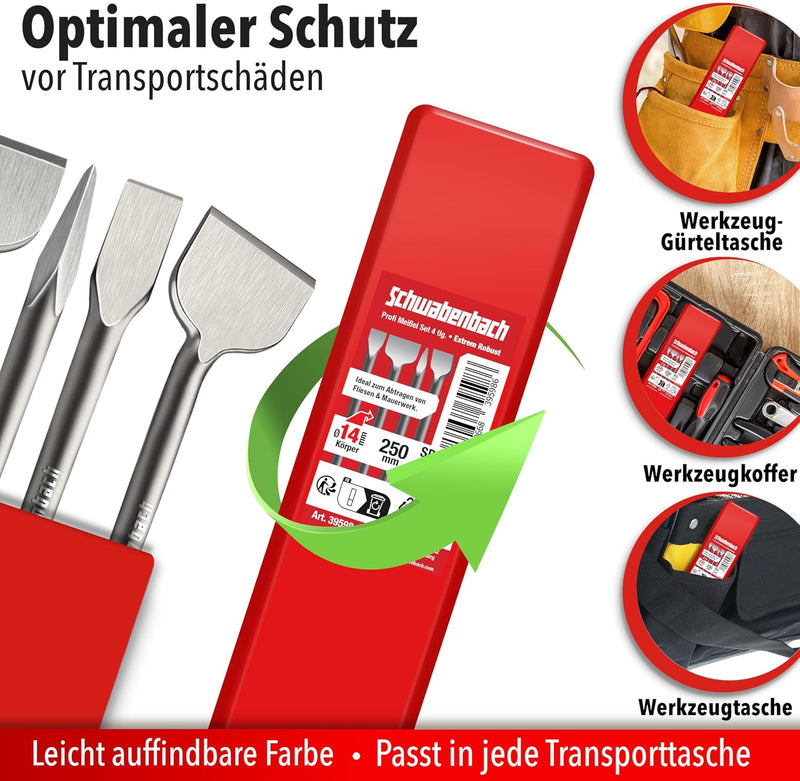 SCHWABENBACH® SDS Plus Meißel Set 4-tlg. 250mm | Fliesenmeißel 50mm, Flachmeißel 50mm + 25mm, Spitzmeißel