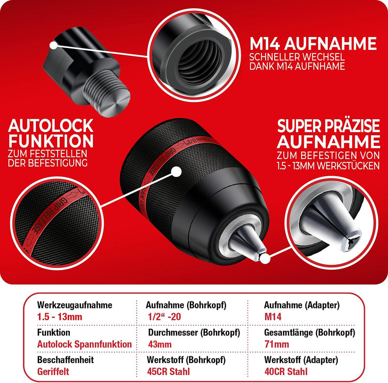 Schwabenbach Schnellspannbohrfutter 1,5–13 mm 1/2-20UNF inkl. M14 Adapter