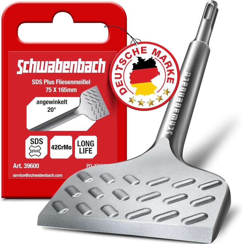 SCHWABENBACH® Fliesenmeißel SDS Plus 75 x 165 mm | Neues Design abgewinkelt 20° – Ideal zum Abtragen von Verputz und Fliesen