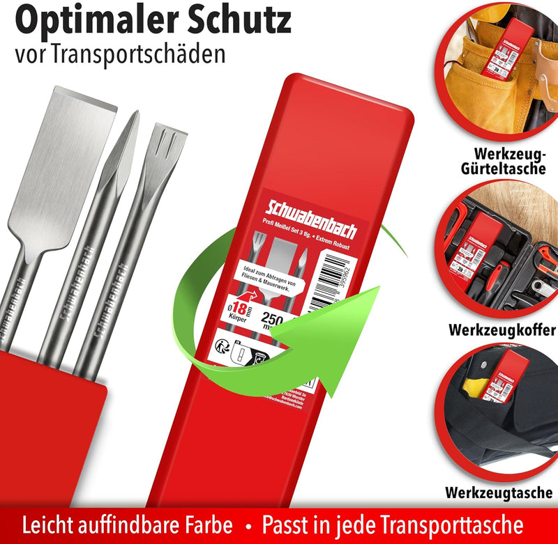 SCHWABENBACH® SDS Plus Meißel Set 3-tlg. 250mm | Fliesenmeißel 40mm extra langer Kopf, Flachmeißel 25mm, Spitzmeißel