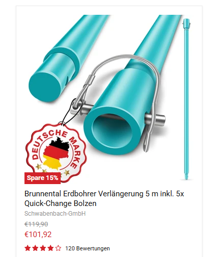 Brunnental Erdbohrer Verlängerung 5 m inkl. 5x Quick-Change Bolzen