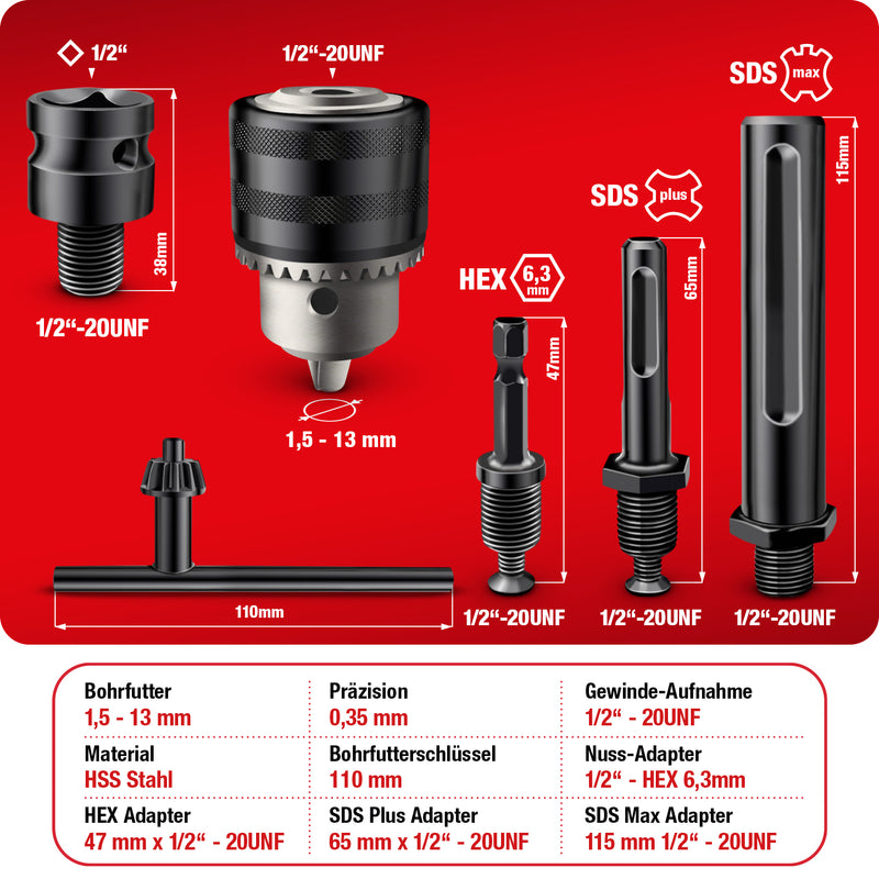 Schwabenbach Bohrfutter Komplett Set 6tlg. inkl. 4 Adapter