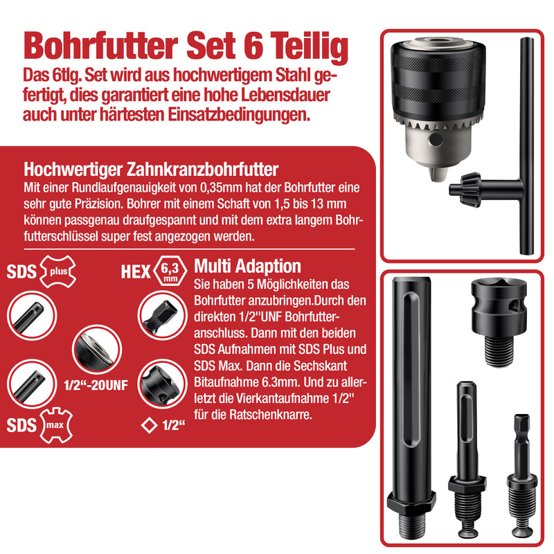 Schwabenbach Bohrfutter Komplett Set 6tlg. inkl. 4 Adapter